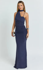 Larson Maxi Dress - Asymmetric Tie Neck Column Dress in Ink