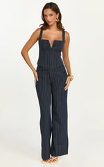 Georgie Top - Plunge V Neck Pinstripe Bustier Top in Dark Navy