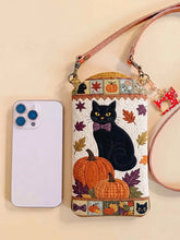 Pumpkin And Black Cat Quilted Slim Phone Crossbody Bag