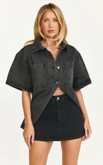 Iris Top - Oversized Recycled Denim Hardware Detail Short Sleeve Shirt in Black