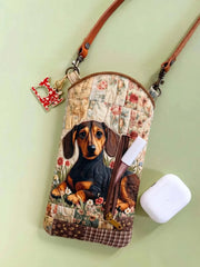 Floral Patchwork Dachshund Quilted Slim Phone Crossbody Bag