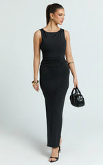 Gail Maxi Dress - Jersey Scoop Neck Open Back Bodycon Dress in Black