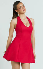 Lauren Mini Dress - Halter Scoop Neck Dress in Red