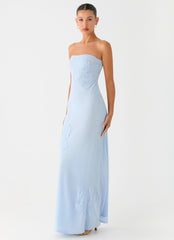 Sassafras Beaded Flower Strapless Maxi Dress - Blue