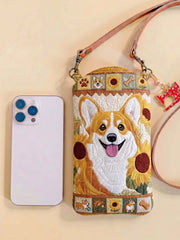 Sunflower Corgi Patchwork Quilted Slim Phone Crossbody Bag