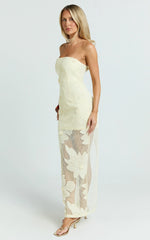 Sienna Midi Dress - Strapless Floral Embroidered Bodycon Dress in Lemon