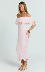 Winnie Maxi Dress - Off Shoulder Frilled Hem Knitted Dress in Baby Pink