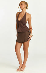 Griffin Top - Front Twist Halter Neck Top in Chocolate