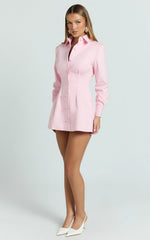 Thelma Mini Dress - Button Front Pleat Waist Tulip Skirt Shirtdress in Pink