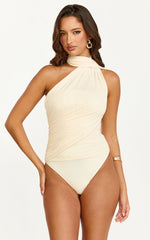 Lucienne Bodysuit - One Shoulder Draped Scarf Bodysuit in Cream