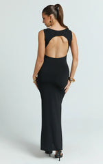 Gail Maxi Dress - Jersey Scoop Neck Open Back Bodycon Dress in Black