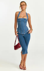 Chaney Top - Panelled Denim Halter Neck Top in Mid Blue Wash