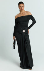 Trish Maxi Dress - Off Shoulder Hardware Trim Bodycon Dress in Black