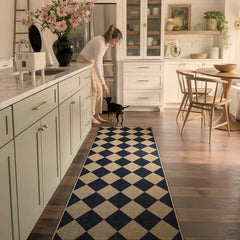Coline Washable Geometric Checkered Easy Jute Black Indoor/Outdoor Runner Rug