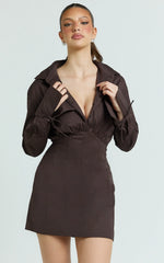 Gino Mini Dress - Collared Button Down Corset Waist Shirt Dress in Chocolate