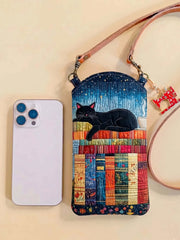 Black Cat And Books Quilted Slim Phone Crossbody Bag