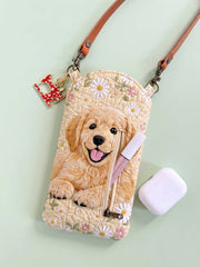 Flowers And A Golden Retriever Quilted Slim Phone Crossbody Bag