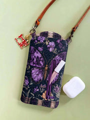 Plaid Purple Butterfly Floral Quilted Slim Phone Crossbody Bag