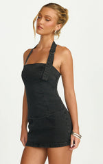 Nicky Top - Denim Hardware Buckle Halter Neck Top in Washed Black