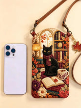 Cottagecore Black Cat Bookish Quilted Slim Phone Crossbody Bag