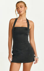 Nicky Top - Denim Hardware Buckle Halter Neck Top in Washed Black