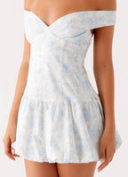 Endless Romance Off Shoulder Mini Dress - Blue Floral