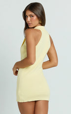 Melanie Mini Dress - Collared Halter Double Breasted Fitted Dress in Lemon