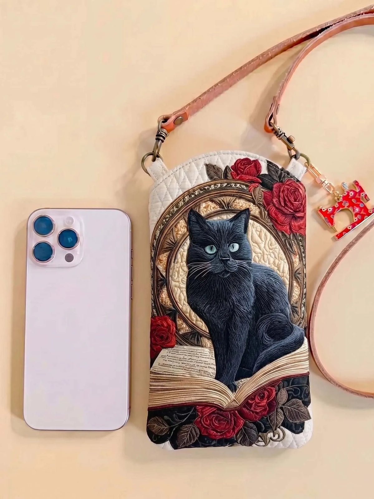 Book And The Black Cat Quilted Slim Phone Crossbody Bag