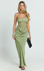 Rania Maxi Dress - Contrast Lace Bodice Bias Cowl Drop Waist Dress in Sage