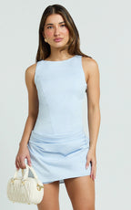 Lilith Mini Dress - High Neck Draped Skirt Dress in Pale Blue