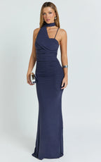 Larson Maxi Dress - Asymmetric Tie Neck Column Dress in Ink