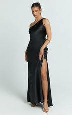 Zahra Maxi Dress - One Shoulder Tie Back Dress in Black
