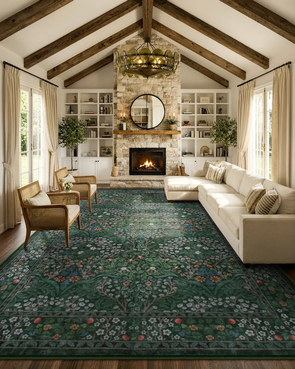 Giverny Washable Maximalism Vintage French Floral Dark Green Rug