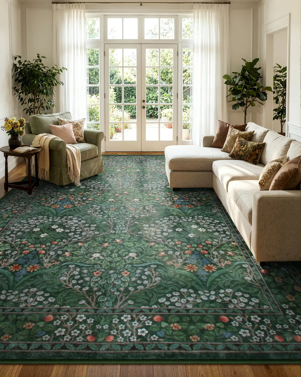 Giverny Washable Maximalism Vintage French Floral Dark Green Rug