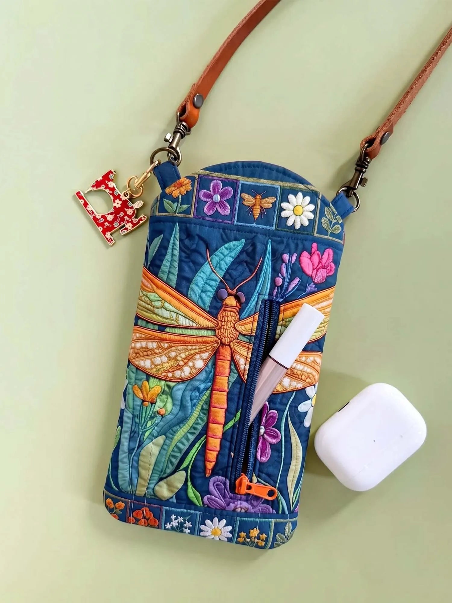 Jungle Dragonfly Wildflower Quilted Slim Phone Crossbody Bag