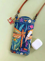 Jungle Dragonfly Wildflower Quilted Slim Phone Crossbody Bag