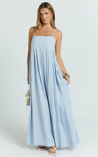 Cloe Midi Dress - Pleated Detail Dress in Blue