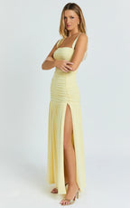 Cardi Maxi Dress - Ruched Mesh High Leg Split Dress in Lemon