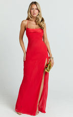 Sonya Maxi Dress - Cowl Neck Asymmetric Fit And Flare Dress in Red
