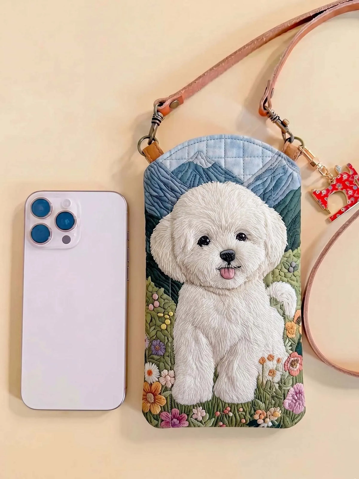 Mountain Floral Bichon Frise Quilted Slim Phone Crossbody Bag