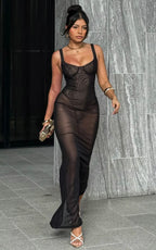 Laney Maxi Dress - Mesh Sweetheart Neck Bodycon Dress in Black