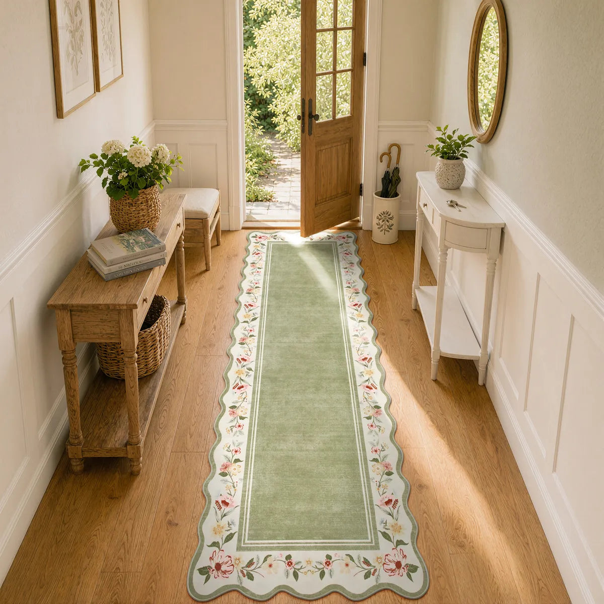 Ariele Washable Vintage Floral Scalloped Sage Green Rug