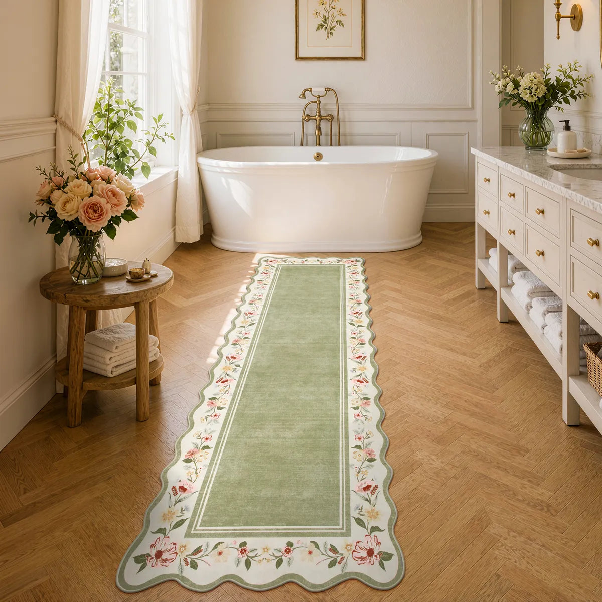 Ariele Washable Vintage Floral Scalloped Sage Green Rug