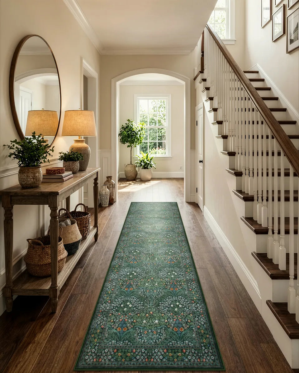 Giverny Washable Maximalism Vintage French Floral Dark Green Rug