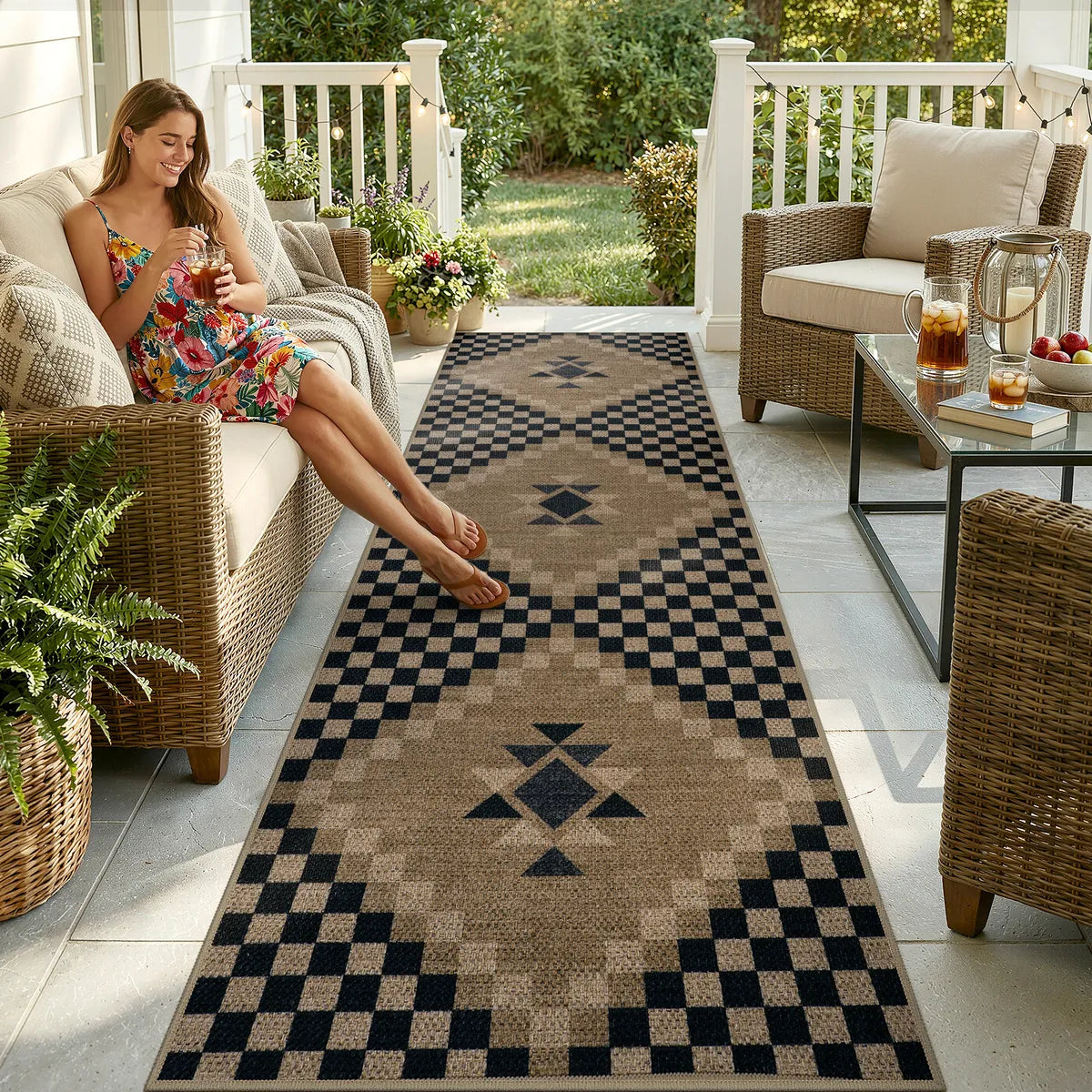 Lunette Washable Tribal Soft Easy Jute Black Indoor/Outdoor Runner Rug