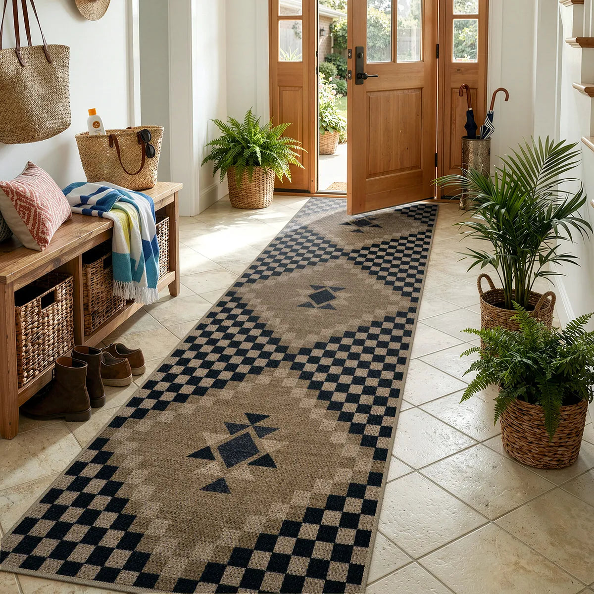 Lunette Washable Tribal Soft Easy Jute Black Indoor/Outdoor Runner Rug