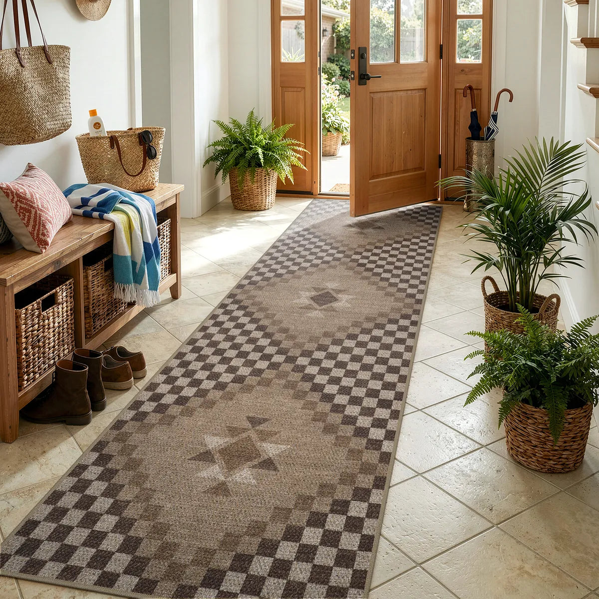 Lunette Washable Tribal Soft Easy Jute Tan Indoor/Outdoor Runner Rug