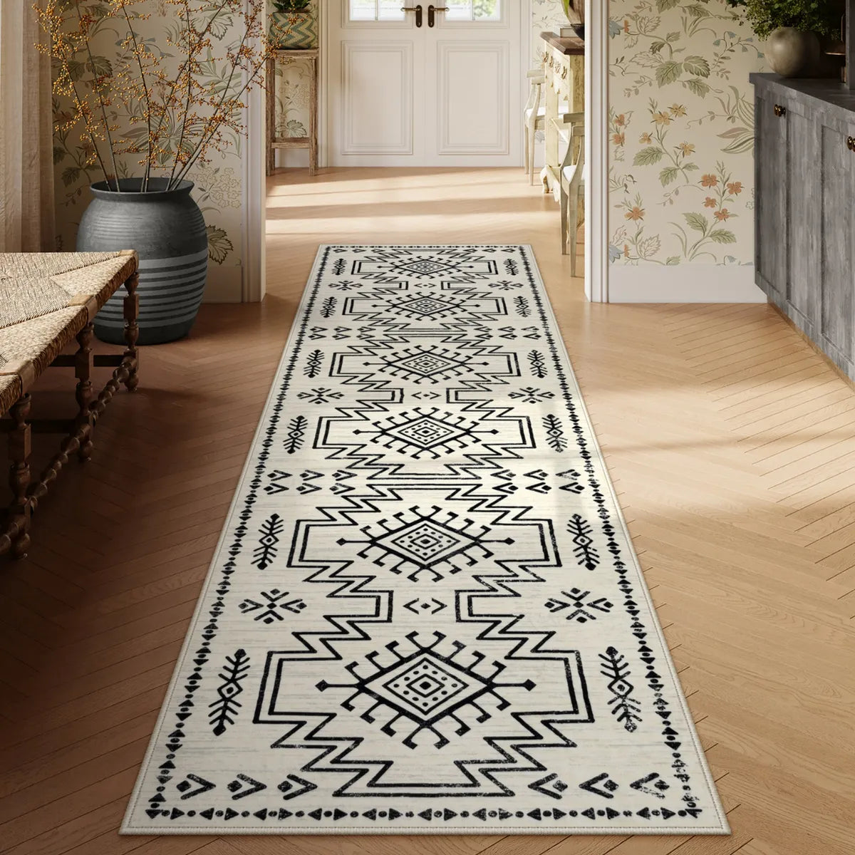 Vivienne Washable Aztec Moroccan Distressed Beige Rug