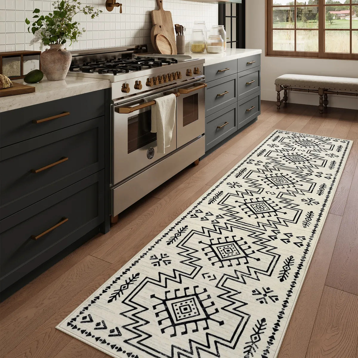 Vivienne Washable Aztec Moroccan Distressed Beige Rug
