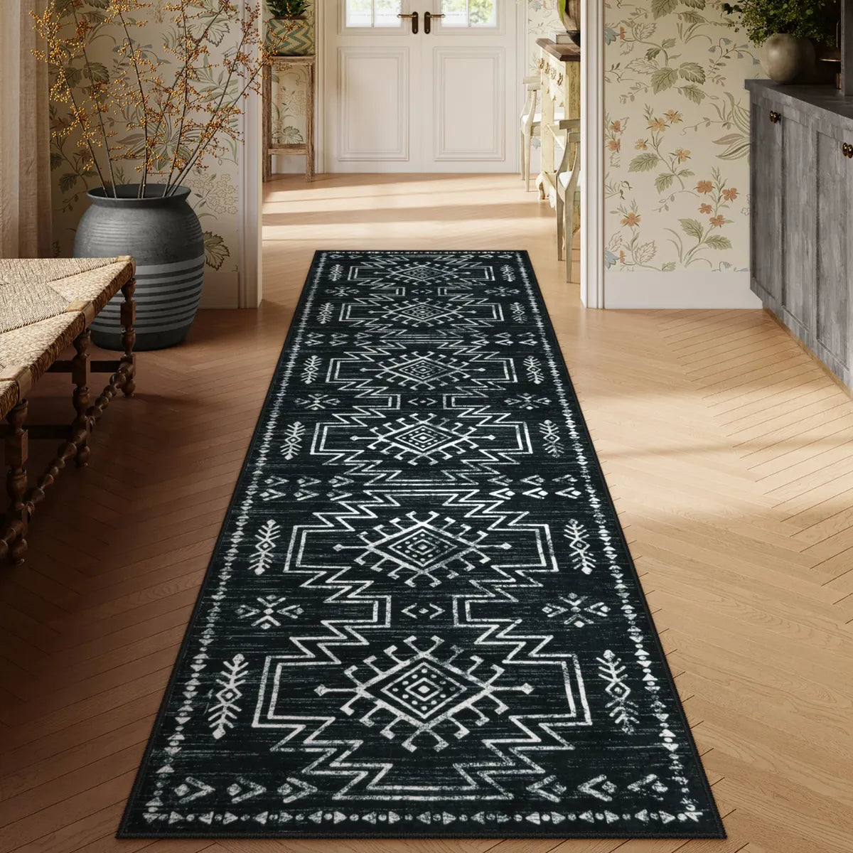 Vivienne Washable Aztec Moroccan Distressed Black Rug